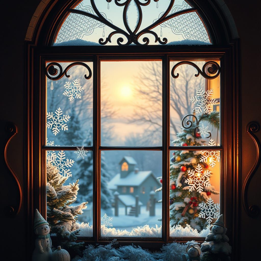 Whimsical Christmas Scene Through Ornate Window