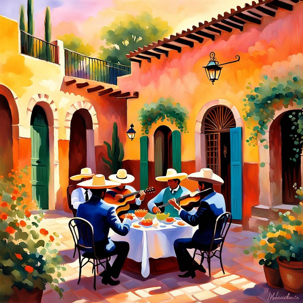 Mexican Villa Courtyard Lunch in Impressionist Style
