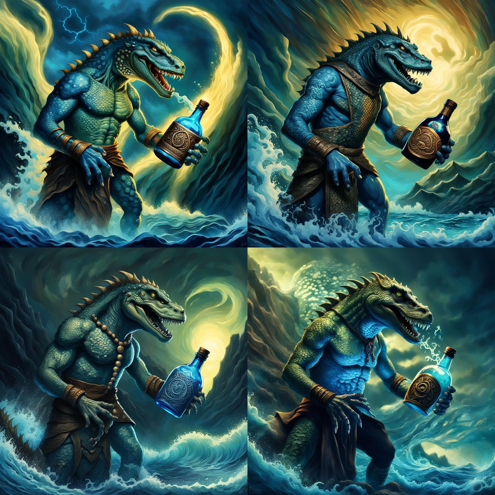 Lizardman Warlock Controls Tidal Wave in Dark Fantasy Art