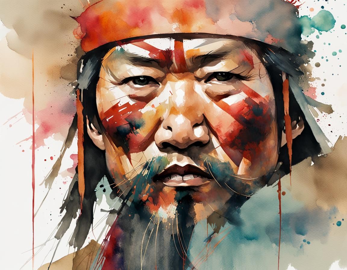 Mongol Warrior Portrait in Watercolor Style