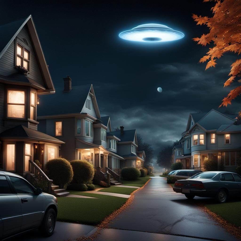 Cinematic UFO Hovers Over Suburban Street at Night