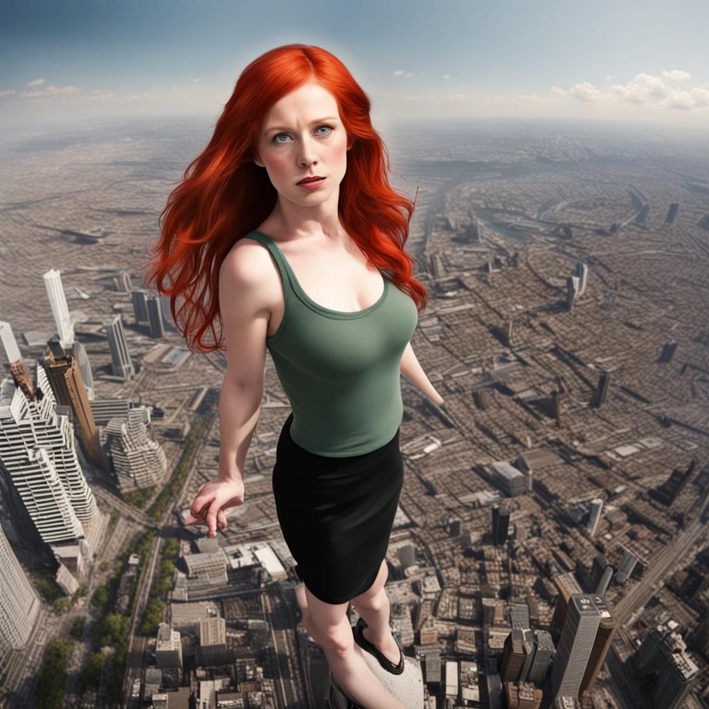 Gigantic Red-Haired Woman Overlooking the Landscape