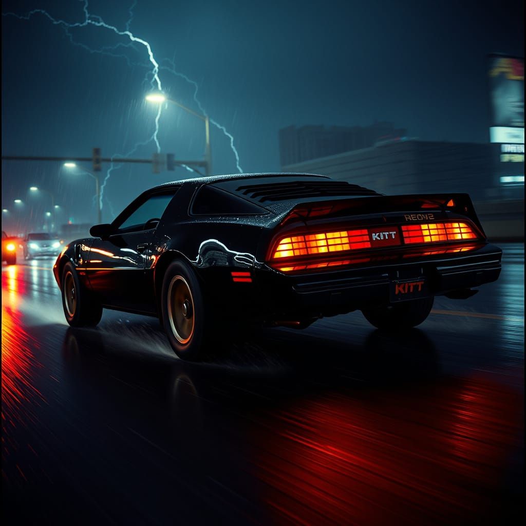 Cyberpunk Trans Am Speeds Through Rainy Night in Film-Noir S...