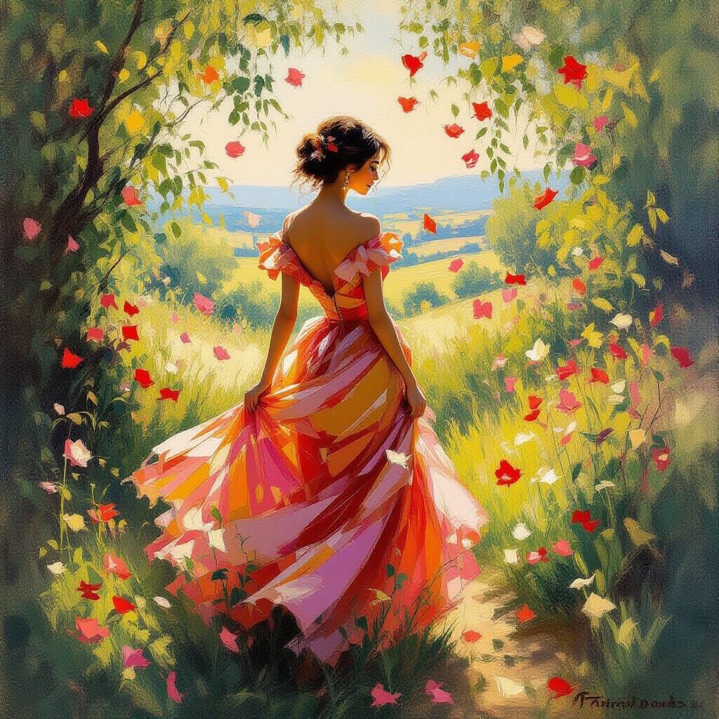 Impressionistic Woman in Floral Landscape with Golden Light