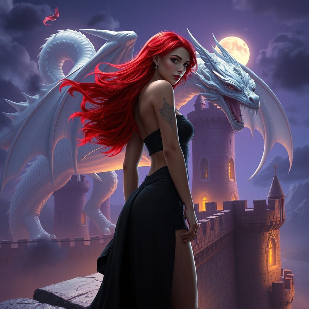Dark Fantasy Goddess with Dragon in Moonlit Castle Scene