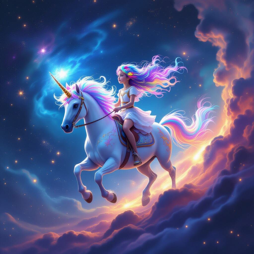 Astral Girl Rides Celestial Unicorn Through Nebula