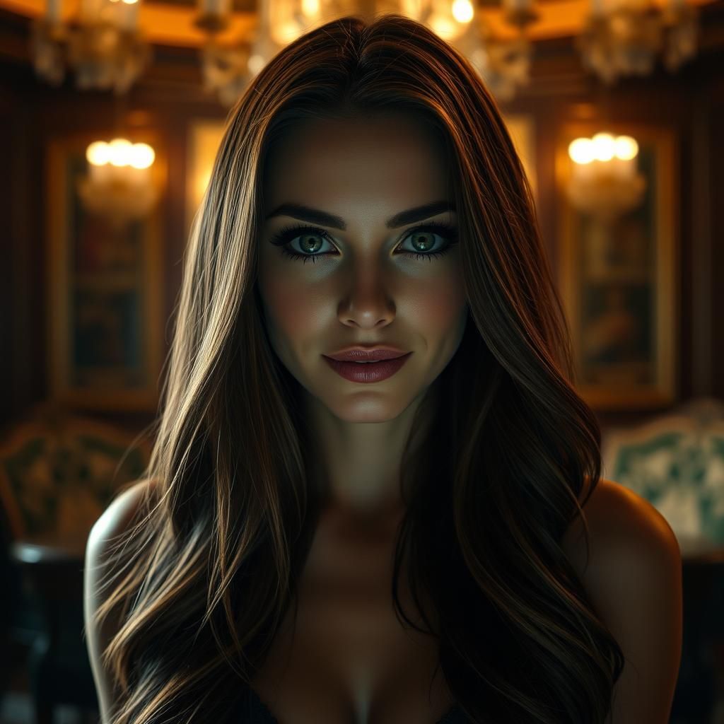 Stunning Brunette with Green Eyes in Opulent Den
