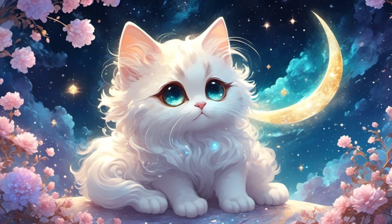 <lora:eye:1.0> a chibi cat sits on a crescent moon looking a...