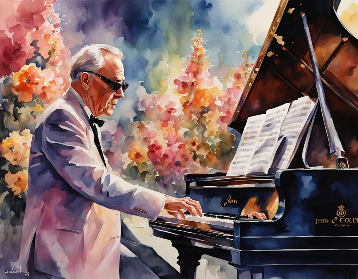 Watercolor Portrait of Pianist with Volumetric Lighting