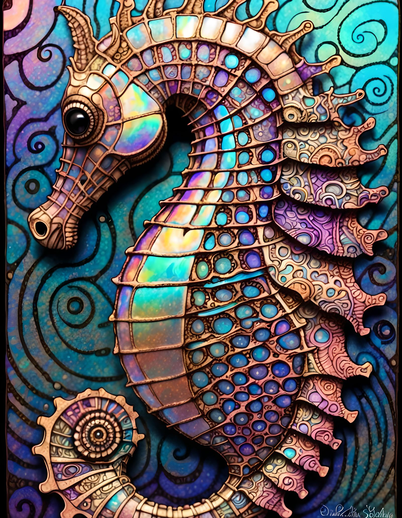 Iridescent Cyberpunk Seahorse in Sepia Zentangle Style