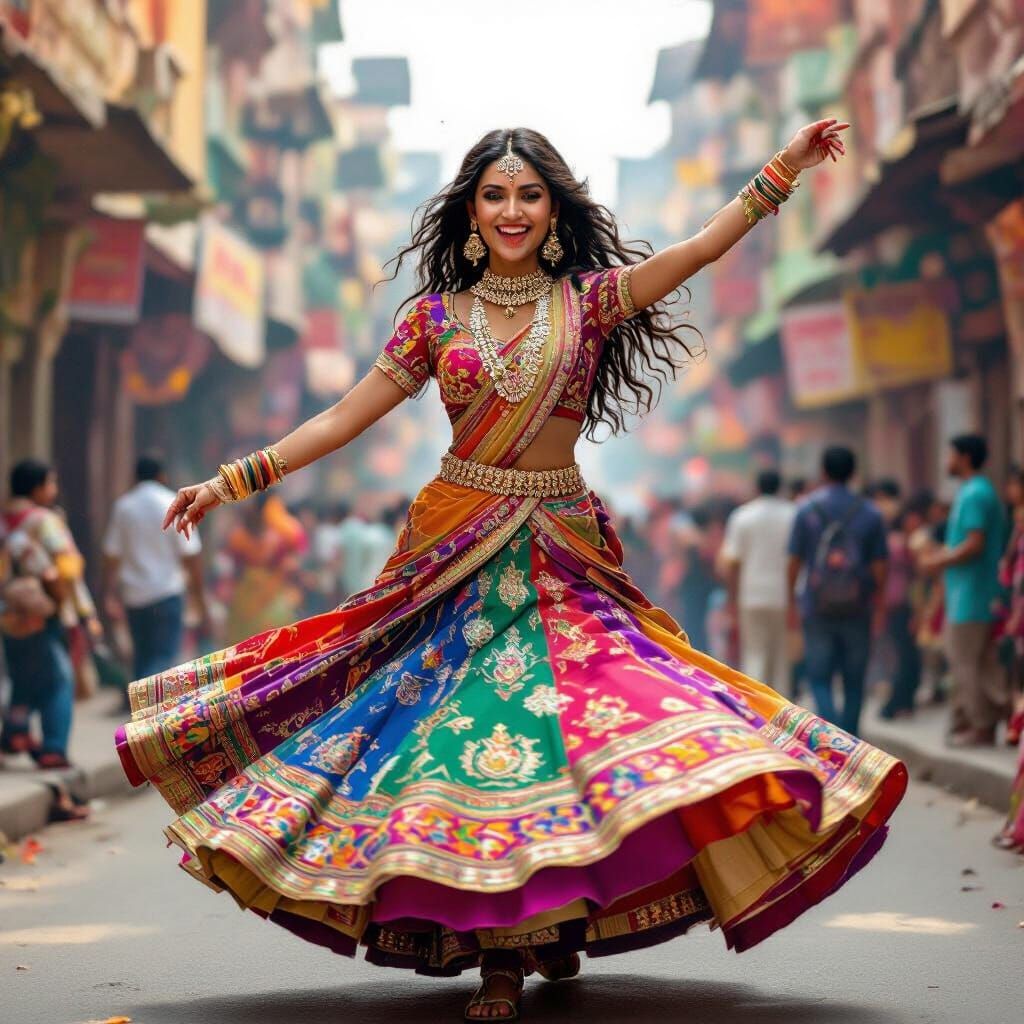 Energetic Indian Dancer in Vibrant Street Scene