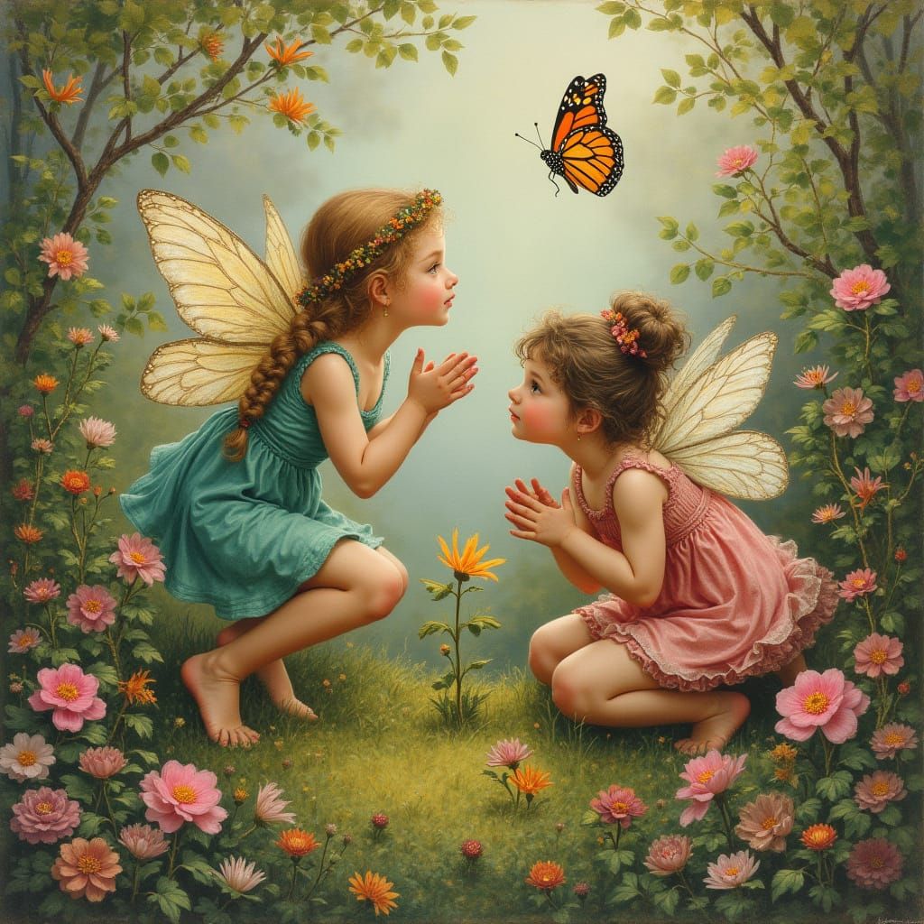 Romantic Fairies Dance with a Butterfly in a Vibrant Floral ...