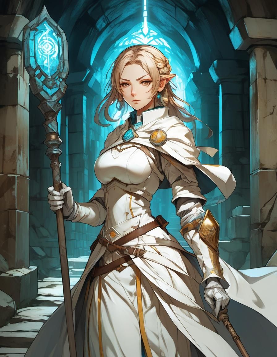 Anime-Style Cleric Exploring a Dungeon