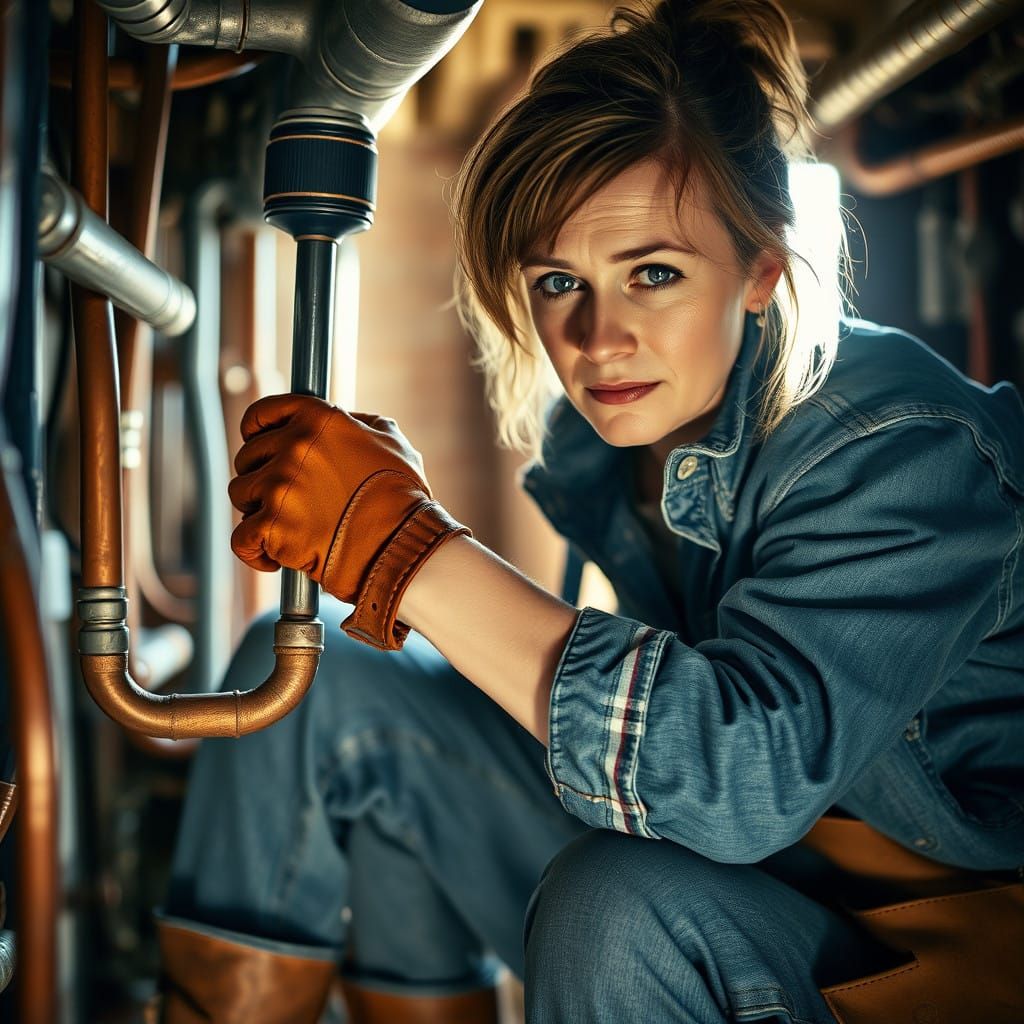 Rugged Female Plumber Repairs Copper Pipes in Soft Natural L...