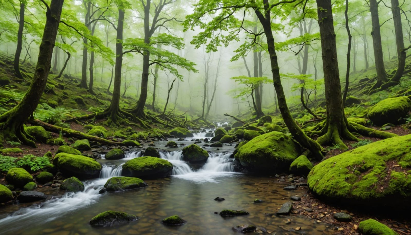 Misty Oak Forest Stream with Waterfalls