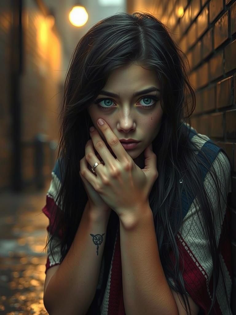 Gothic Beauty Weeping in Rain-Soaked Alleyway