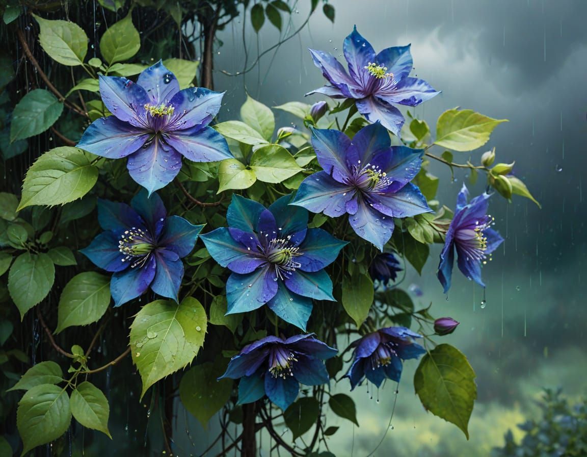 Surreal Blue Clematis in Downpour, Cyberpunk Style
