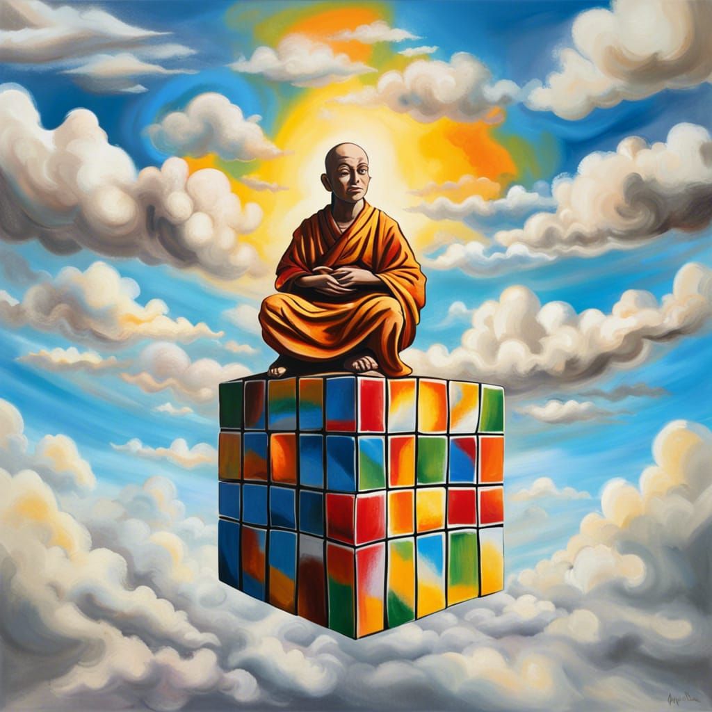 Monk Meditating on Rubik's Cube in Graffiti Style