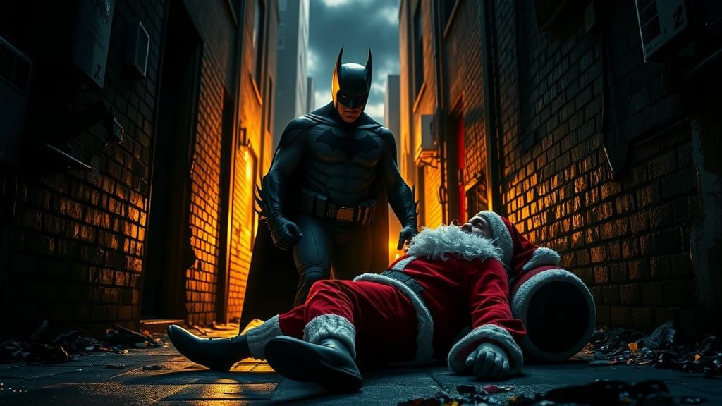 Batman and Santa in Dark Urban Alleyway