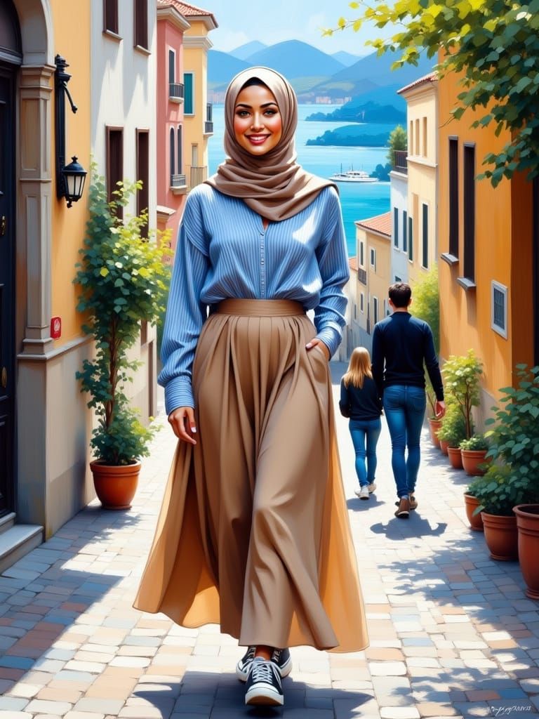 Elegant Hijabi Woman Walking in Vibrant City