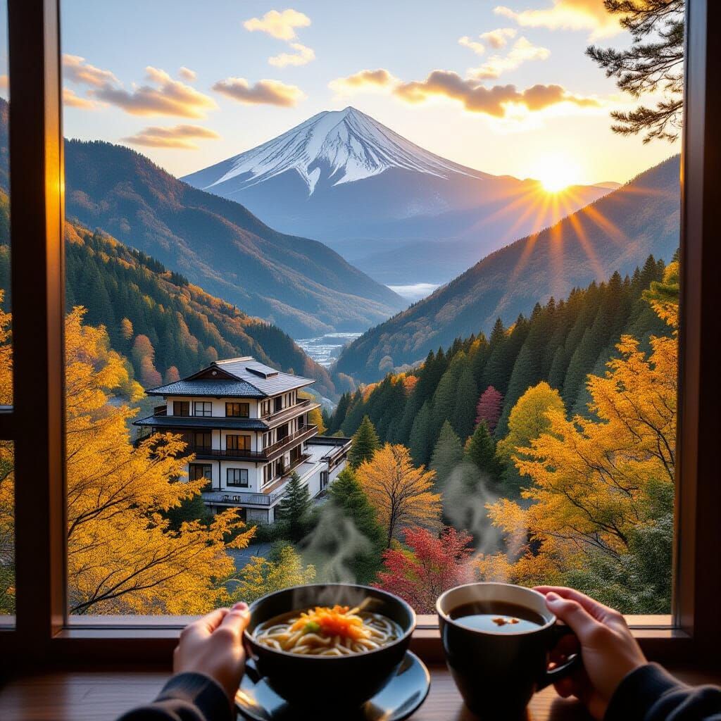 Sunrise Over Japanese Alps With Autumnal Colors