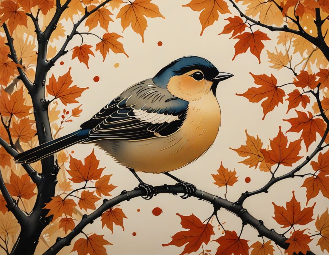Dreamlike Bird in Indian Ink Style with Maple Leaves