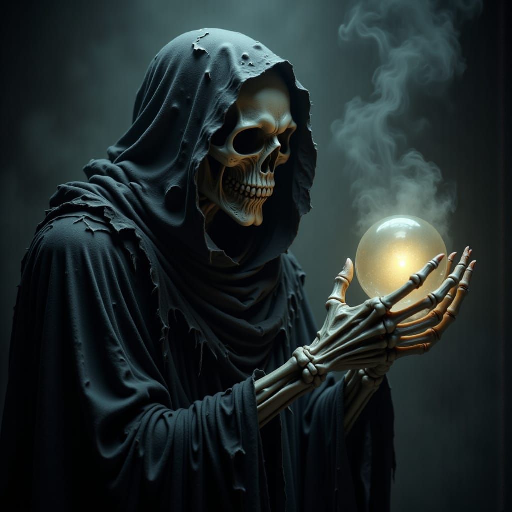 The Grim Reaper Holds a Glowing World in His Bony Fingers