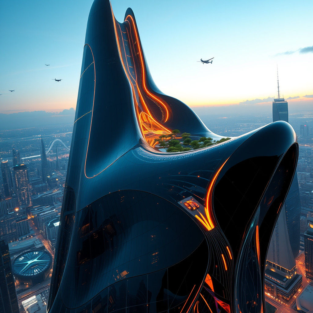 Futuristic Skyscraper with Holographic Displays and Solar Pa...