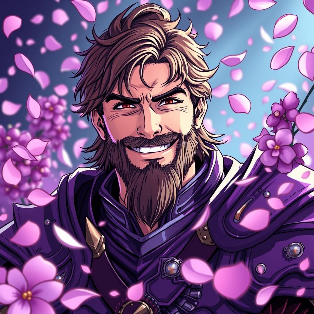 Smiling Hero in Anime Style with Lilac Petals