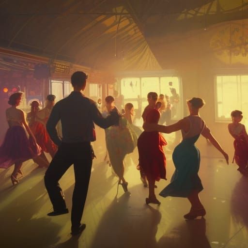 1950s Dance Hall Scene in Vibrant Illustration