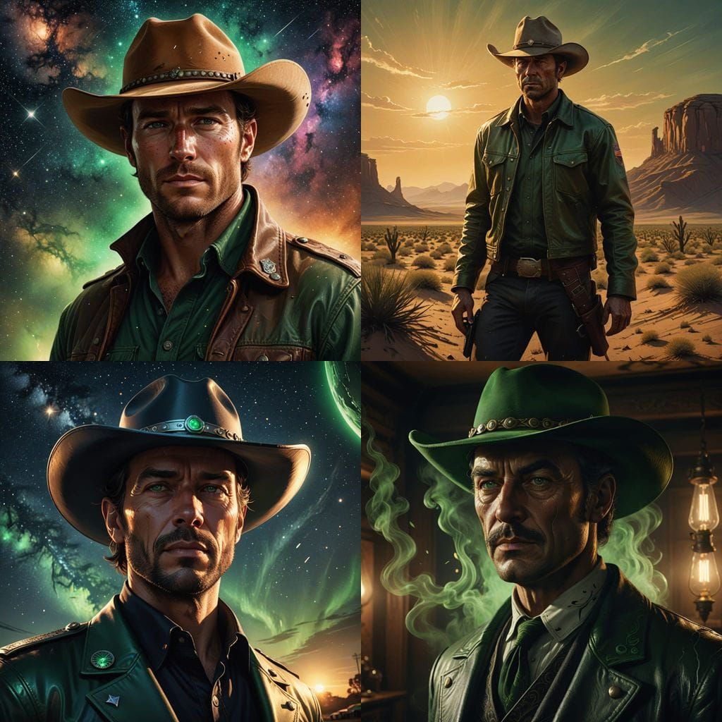 Space Marshal in Cowboy Hat with Piercing Green Eyes