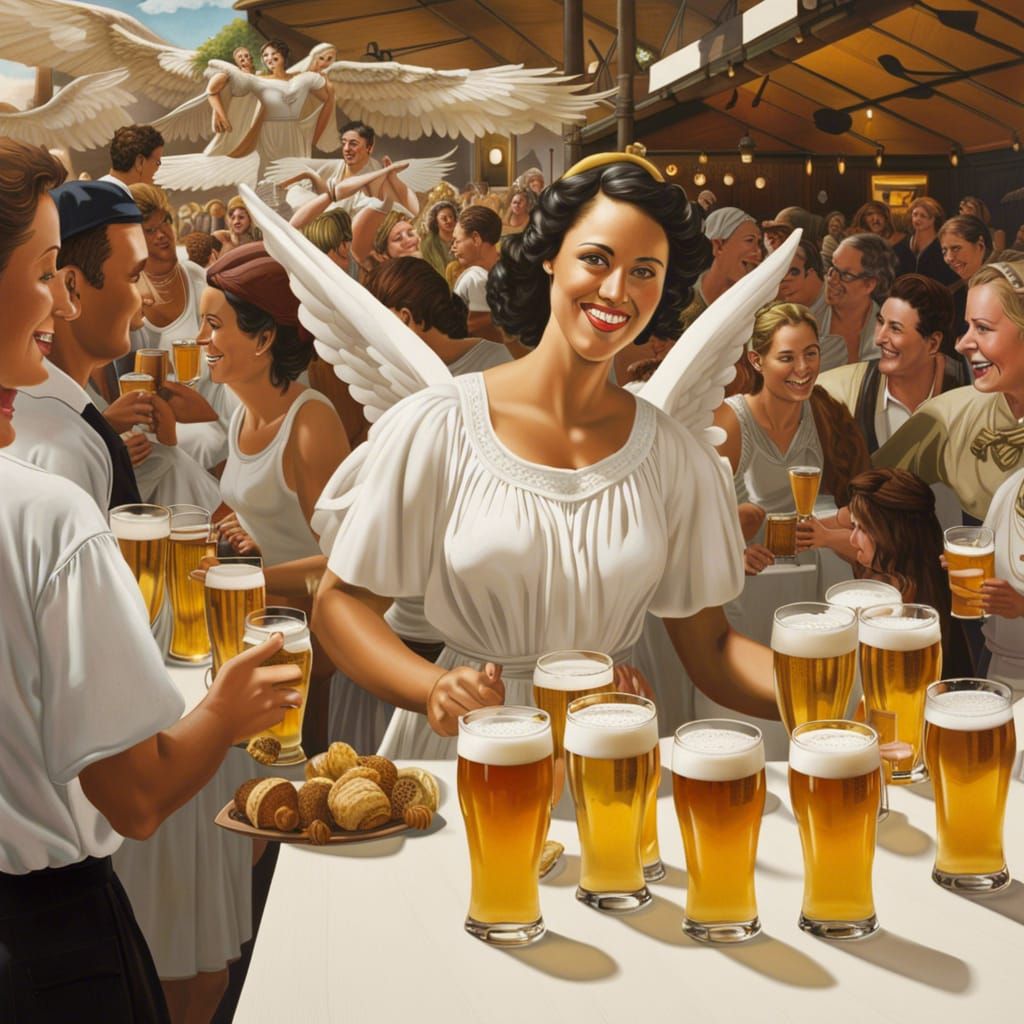 Angelic Beer Server at Festival in Hyperrealistic Style