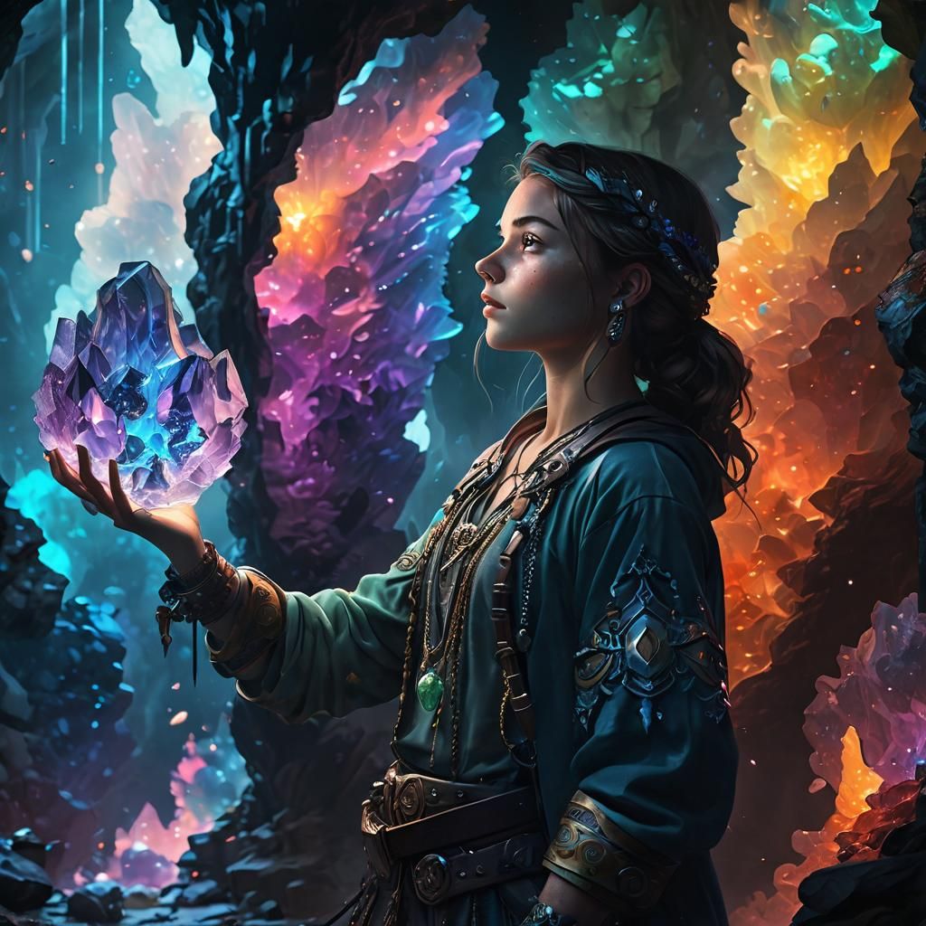 Adventurer in Crystal Cavern: Hyperrealistic Concept Art