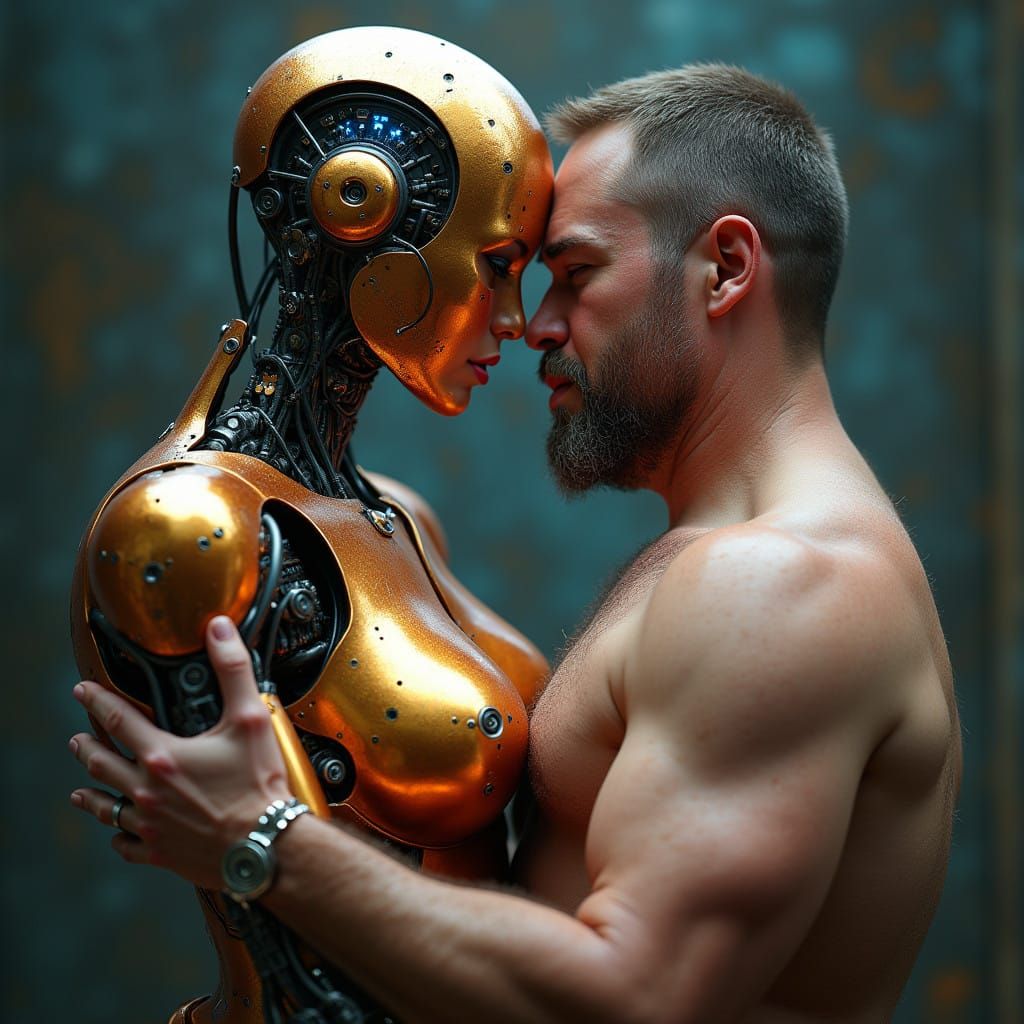 Metamorphic Embrace: Cyberpunk Goddess with Human Companion