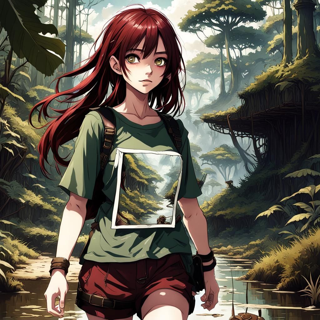 Anime Girl Exploring Amazon Jungle in Detailed Painting