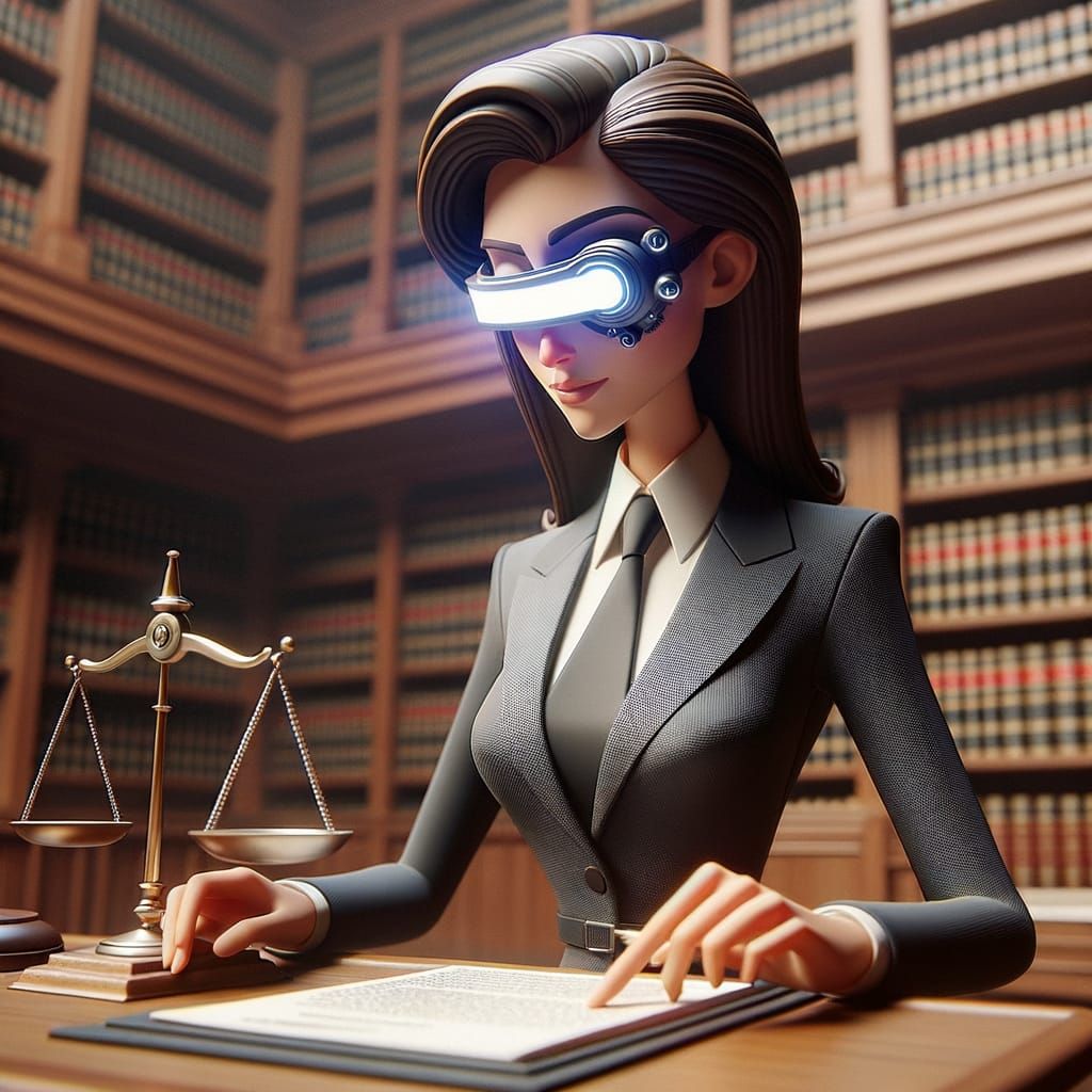 Pixar Style Female Jurist with Monocle in Library