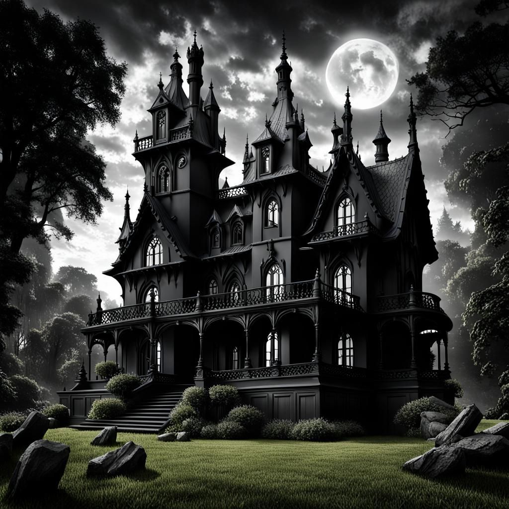 Gothic Mansion in a Dark Fantasy Garden