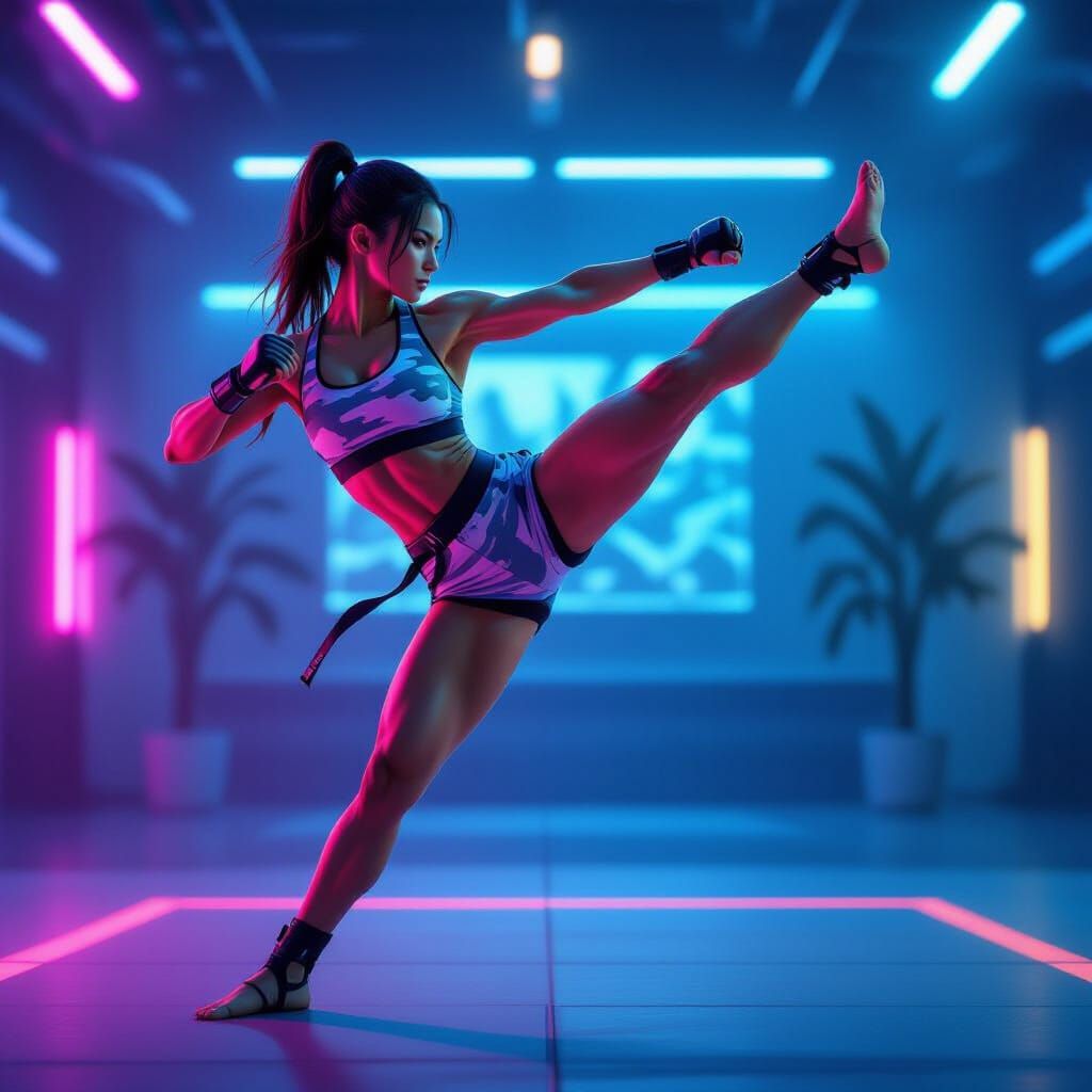 Futuristic Karateka High Kick in Neon Dojo