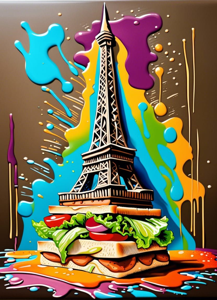 Sandwich in the shape of the eiffel tower, sandwich layers, lettuce and tomato, graffiti art, splash art, street art, sp...