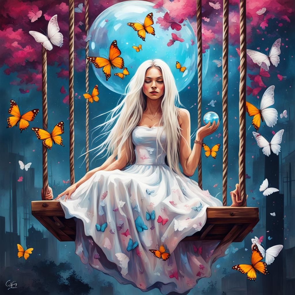 Enchanted Girl on Swing in Graffiti Art Style