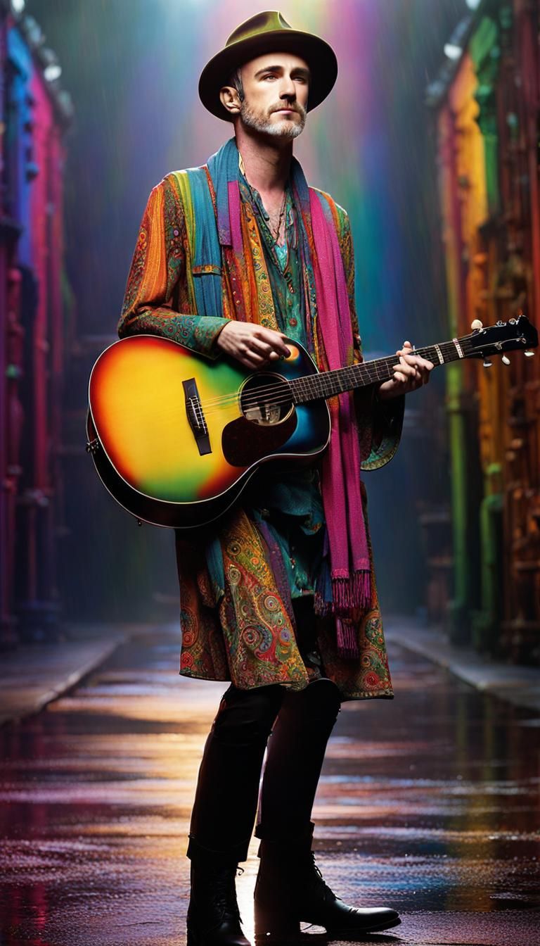 band member Fran Healy from Travis in a tight colorfull Hippie fashion outfit