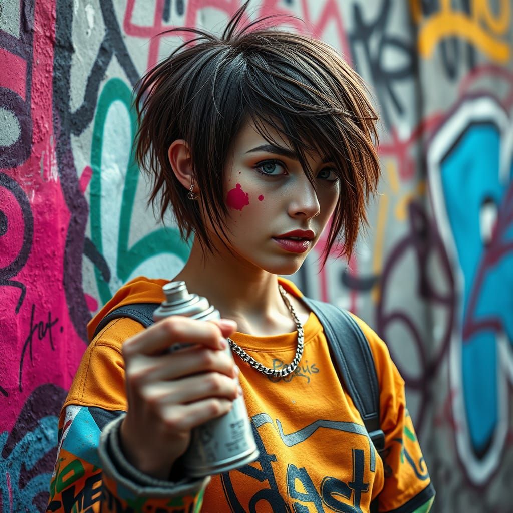 Graffiti Artist in Streetwear Attire Paints Urban Landscape