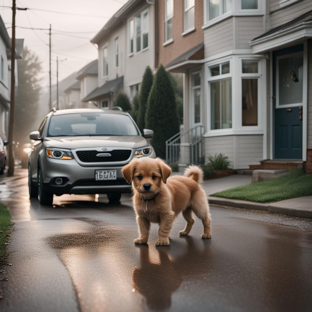 Lost Puppy Wanders Empty Street: Hyper-Realistic Cinematogra...