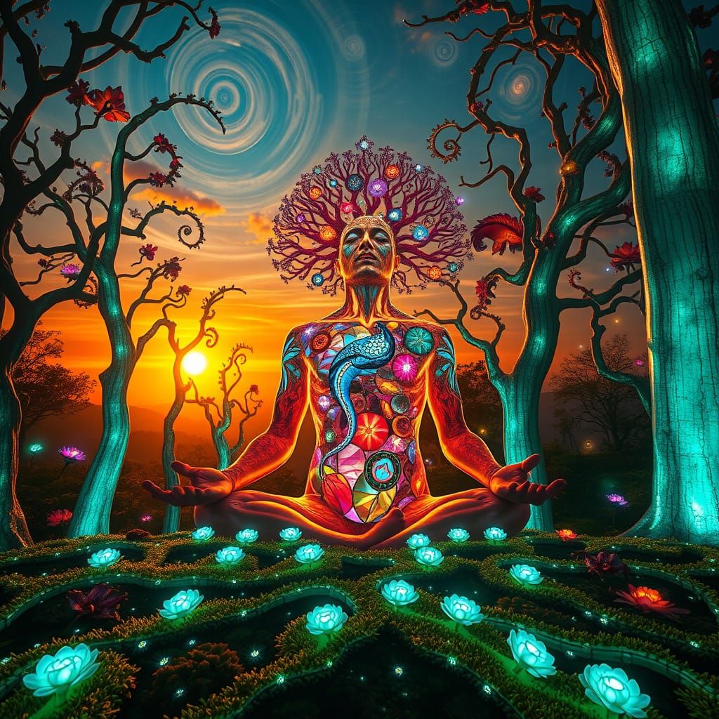 Mystical Man Meditating in Surreal Light Labyrinth