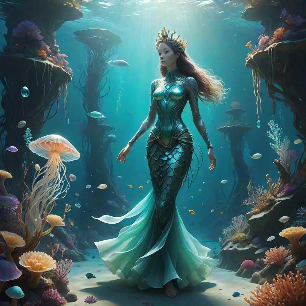 Otter-Mermaid in Underwater Glade with Coral Jewelry