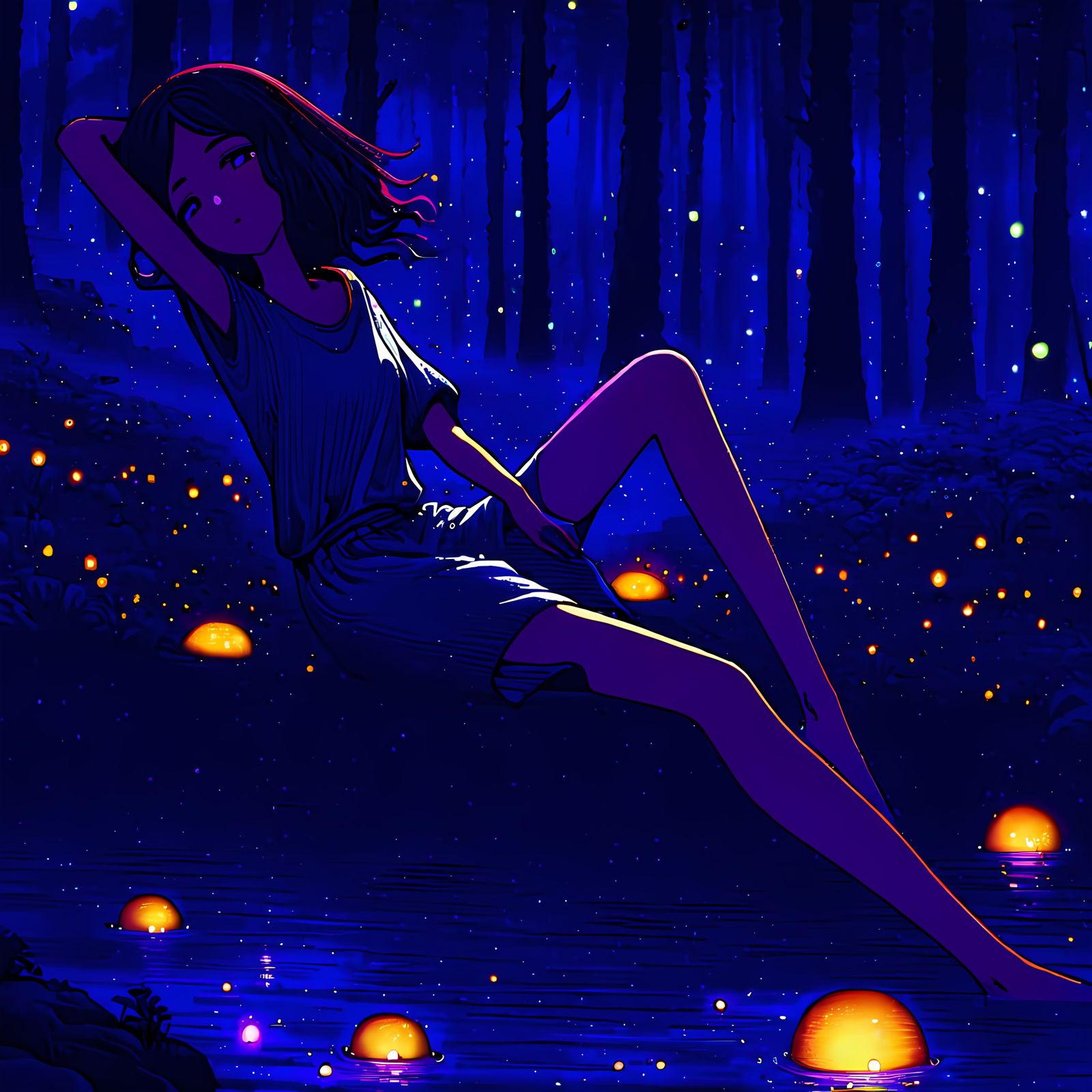 Anime Girl Sleeping Beside Magical Mana Stream at Night