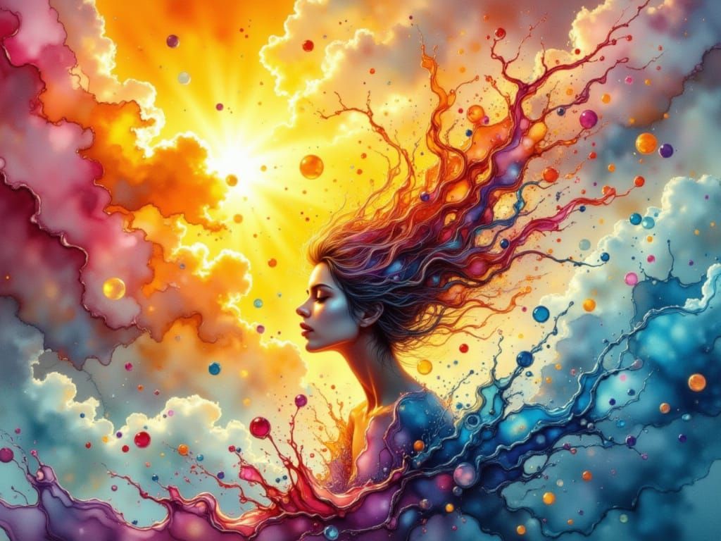 Woman in Divine Light Amidst Colorful Ink Splashes