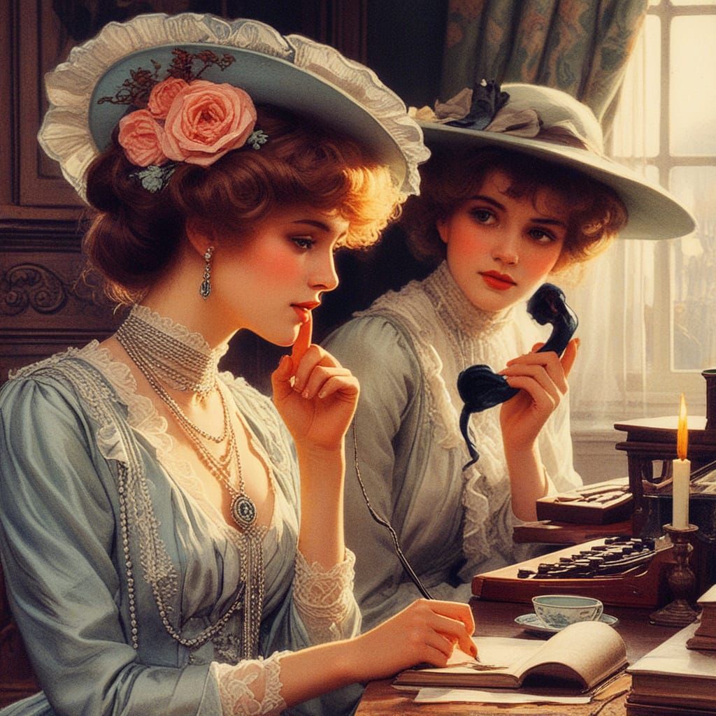 Elegantly Dressed Woman in Edwardian Office Setting, circa 1...