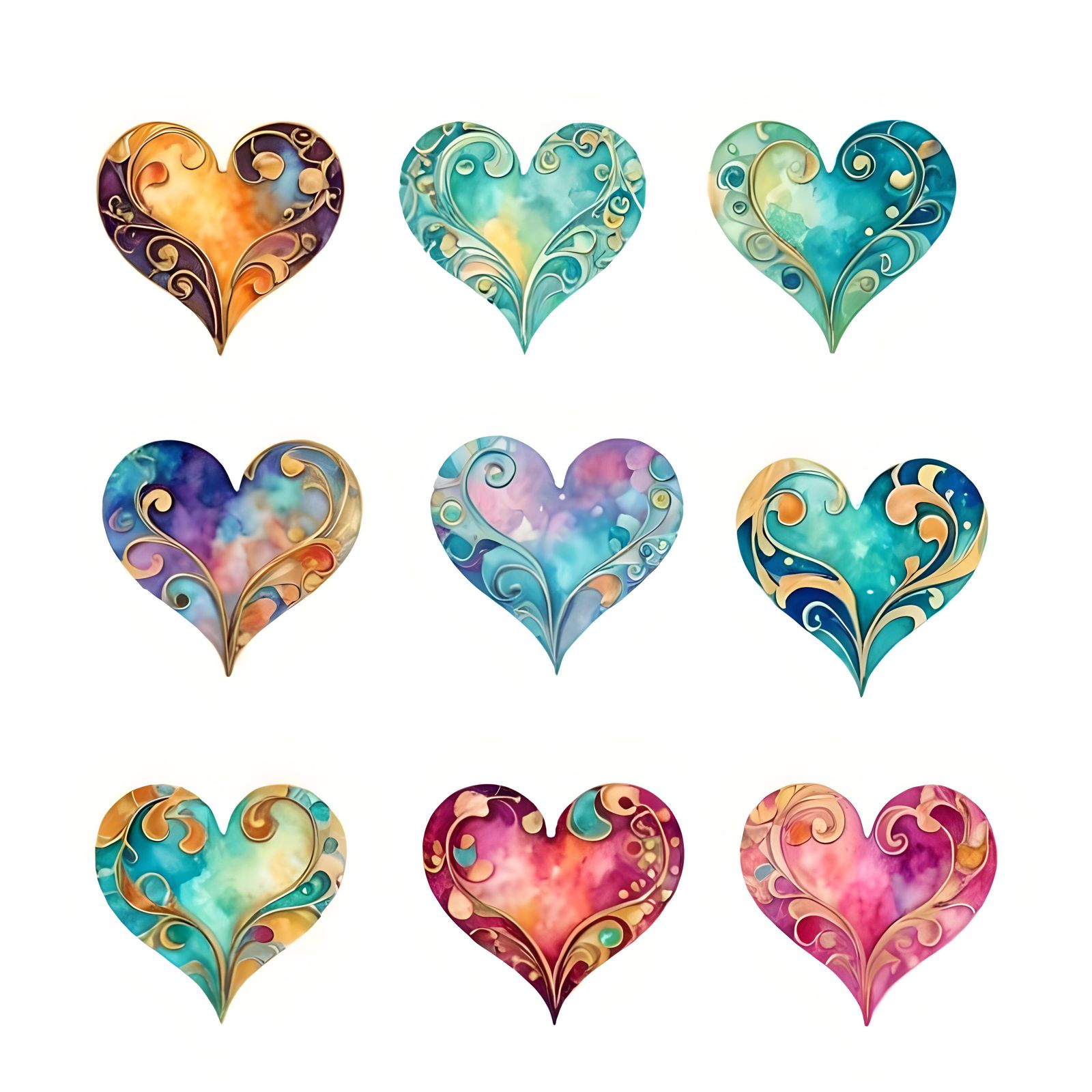 Psychedelic Swirly Hearts in Watercolor Paint Style