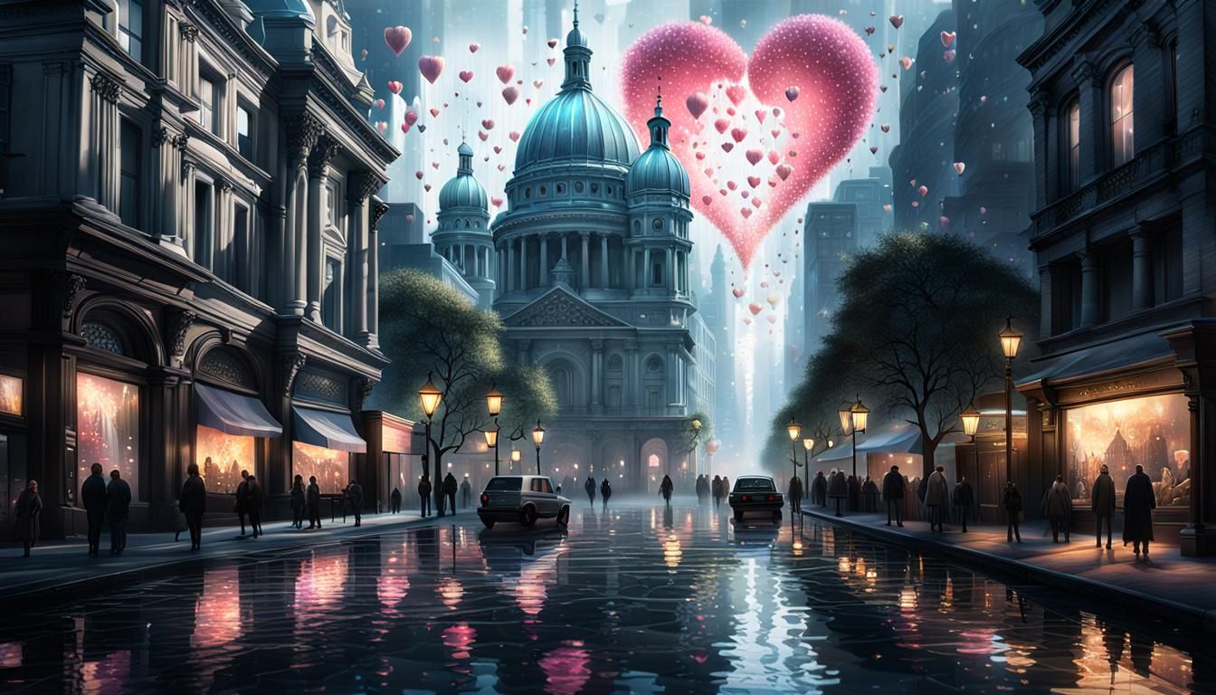 Cinematic City of Hearts in Hyperrealism